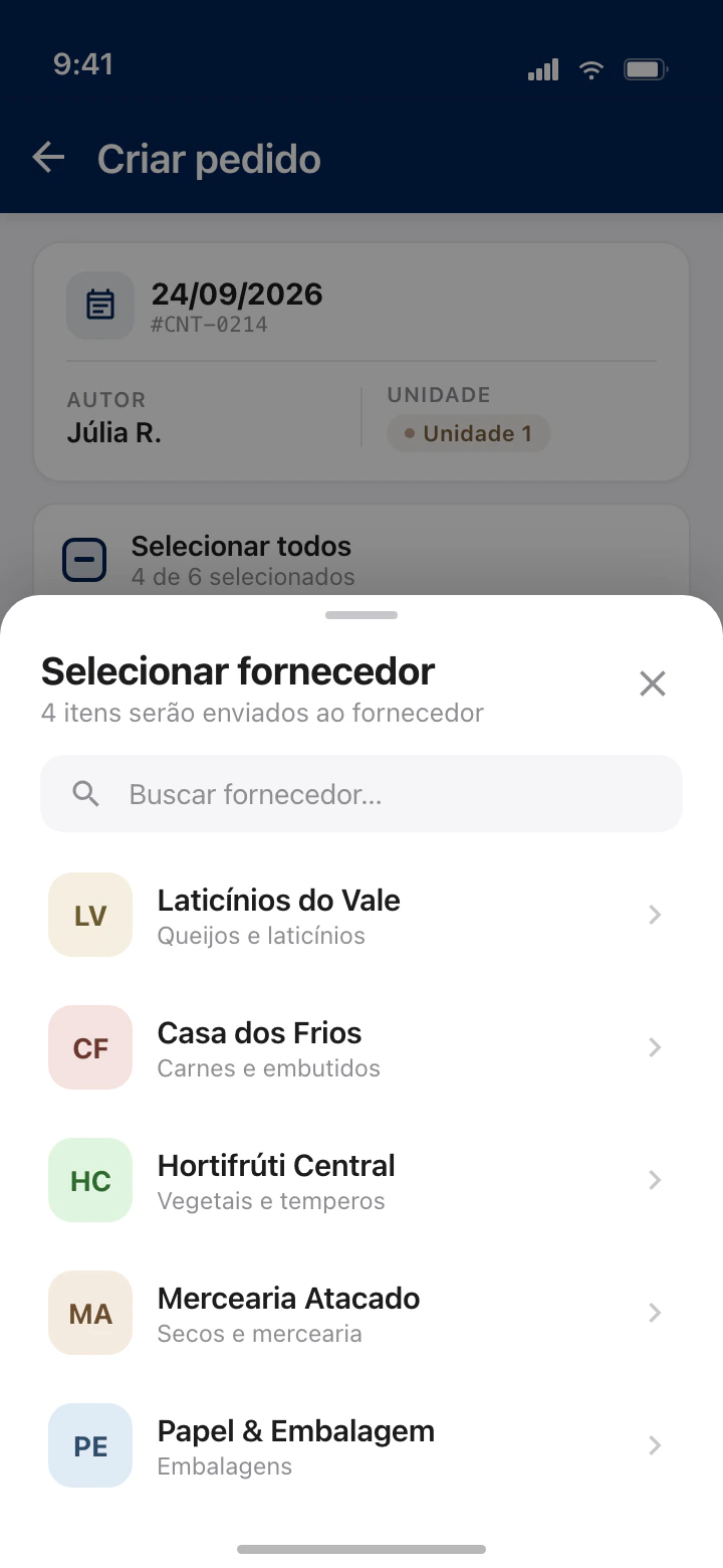 Folha Selecionar fornecedor aberta sobre a tela Criar pedido, com busca e lista de fornecedores por categoria. Os 4 itens selecionados serão enviados ao fornecedor escolhido.