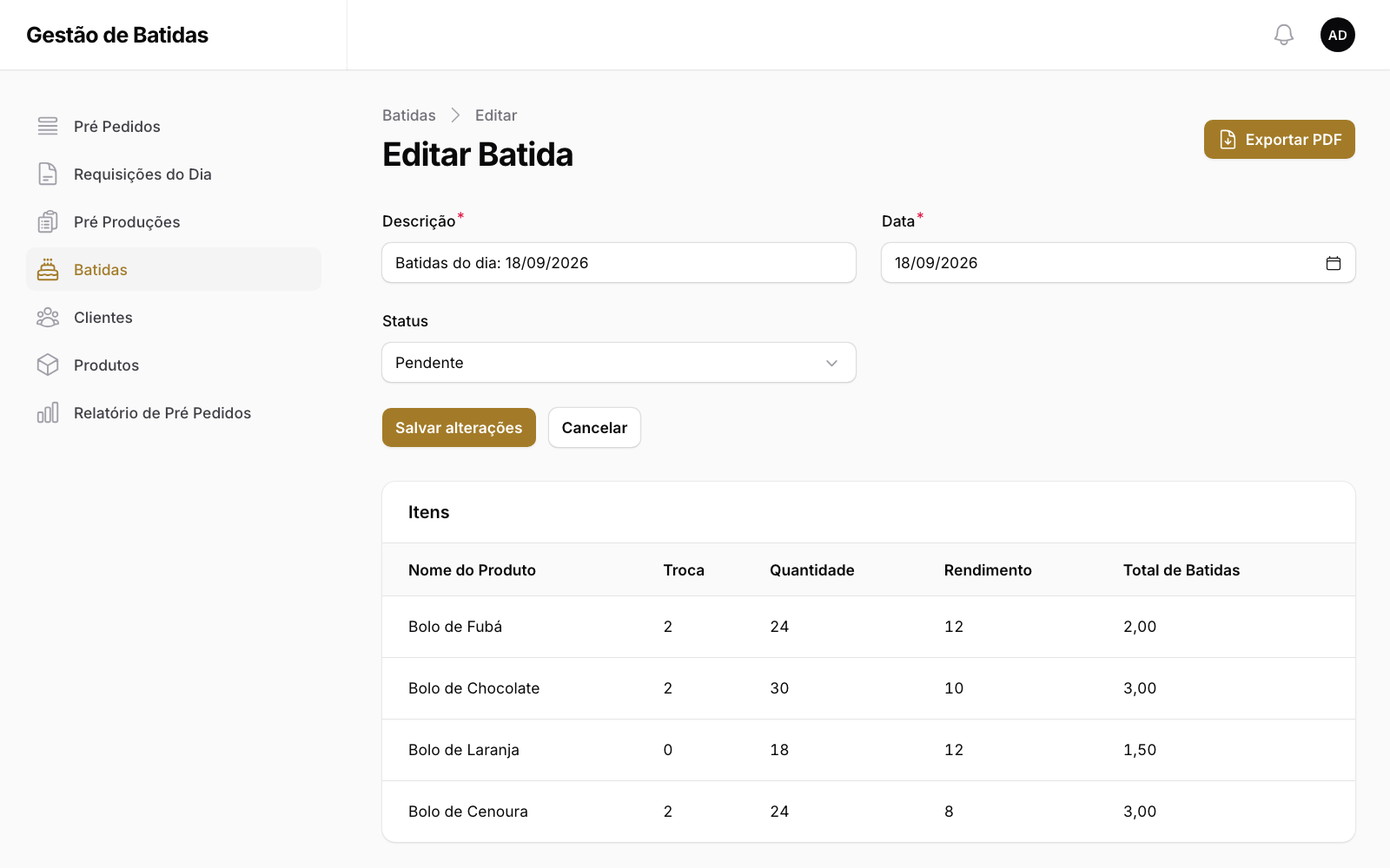 Tela Editar Batida com a descrição Batidas do dia: 18/09/2026, data, status Pendente e o botão Exportar PDF. A tabela de itens mostra, para cada bolo, Troca, Quantidade, Rendimento e Total de Batidas.