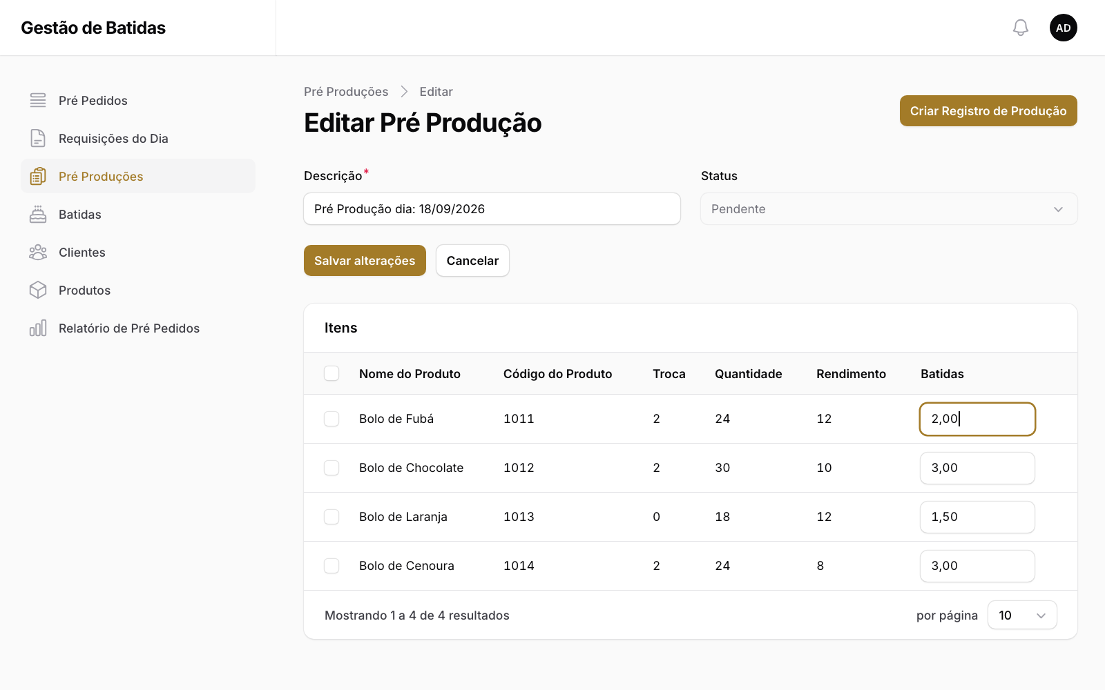 Tela Editar Pré Produção com a descrição Pré Produção dia: 18/09/2026 e status Pendente. A tabela de itens mostra, por produto, código, Troca, Quantidade, Rendimento e o campo editável Batidas. Na primeira linha, Bolo de Fubá tem 24 unidades, rendimento 12 e 2,00 batidas. No topo fica o botão Criar Registro de Produção.