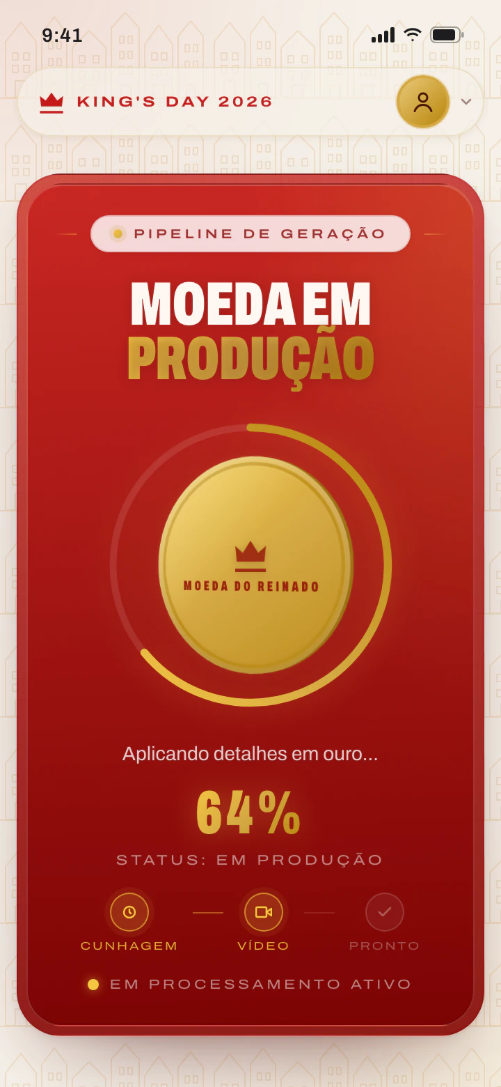 Tela "Moeda em produção": moeda dourada dentro de um anel de progresso em 64%, com a mensagem "Aplicando detalhes em ouro..." e as etapas Cunhagem, Vídeo e Pronto.