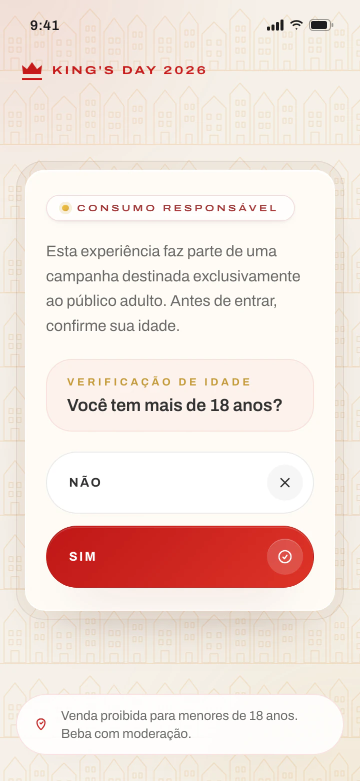 Tela de verificação de idade em fundo creme com a pergunta "Você tem mais de 18 anos?", os botões Não e Sim e o aviso "Venda proibida para menores de 18 anos. Beba com moderação."