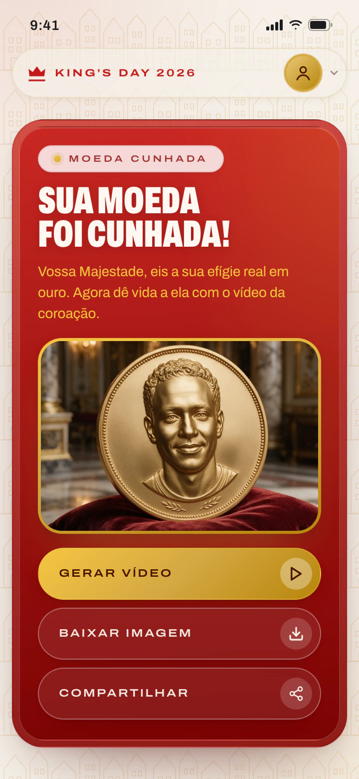 Tela "Sua moeda foi cunhada!" com a moeda de ouro sobre uma almofada de veludo vermelho e os botões Gerar Vídeo, Baixar Imagem e Compartilhar.