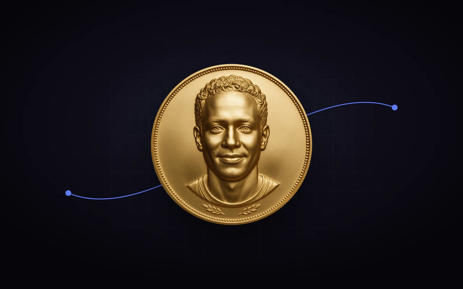 Moeda de ouro com o retrato em baixo-relevo de um homem sorridente, sobre fundo escuro.