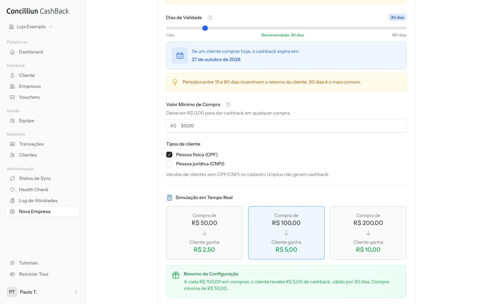 Assistente de cadastro do Concilliun CashBack na etapa de regras: validade de 30 dias com o aviso de que o crédito de uma compra de hoje vence em 27 de outubro de 2026, compra mínima de R$ 50,00, cashback só para pessoa física e a simulação: compras de R$ 50, R$ 100 e R$ 200 geram R$ 2,50, R$ 5,00 e R$ 10,00.