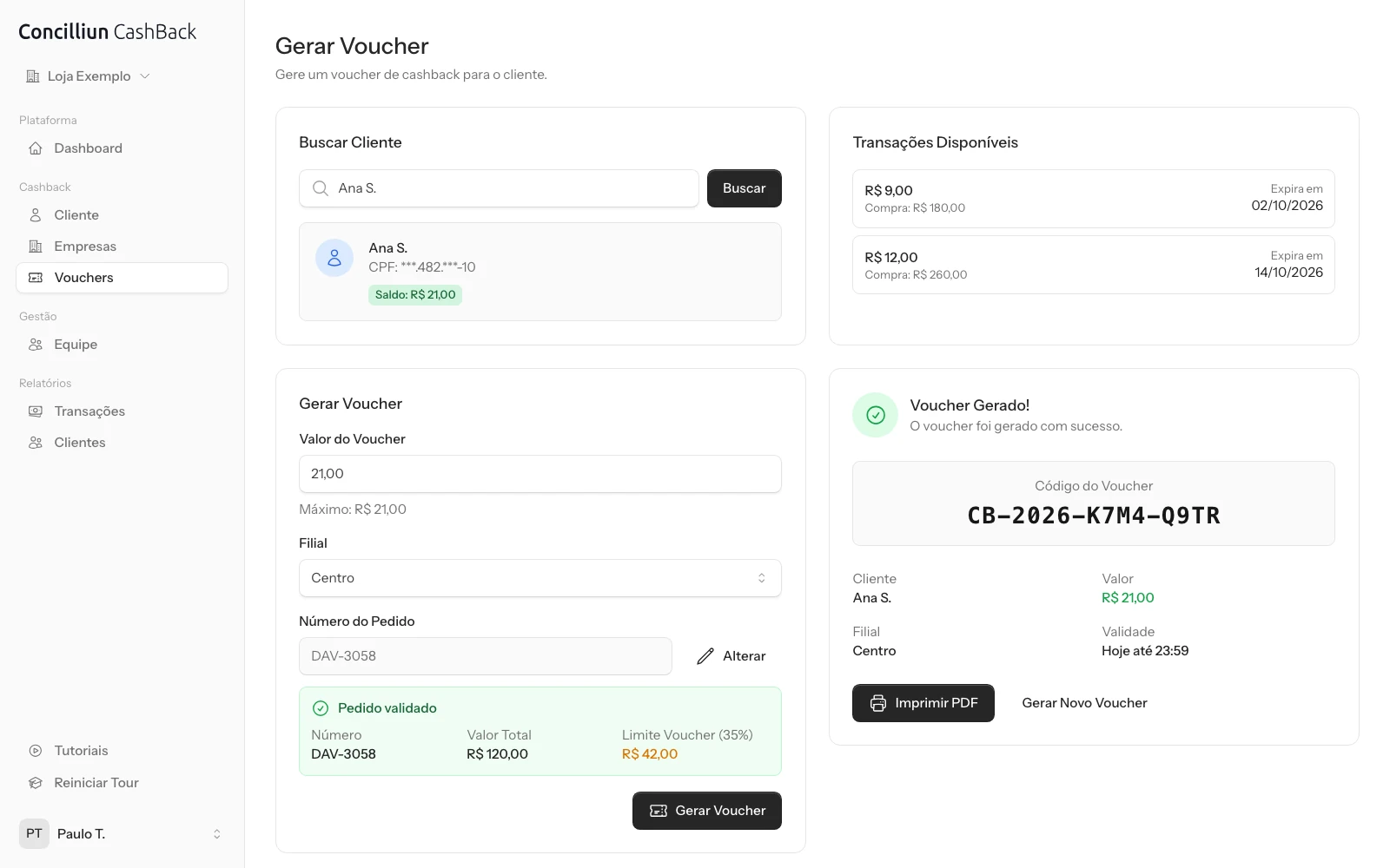 Tela "Gerar Voucher": cliente Ana S. com saldo de R$ 21,00 vindo de dois créditos (R$ 9,00 e R$ 12,00, com data de expiração), pedido DAV-3058 validado no valor de R$ 120,00 com "Limite Voucher (35%)" de R$ 42,00 em destaque âmbar e, ao lado, o voucher gerado com o código CB-2026-K7M4-Q9TR, valor de R$ 21,00 e validade "Hoje até 23:59".