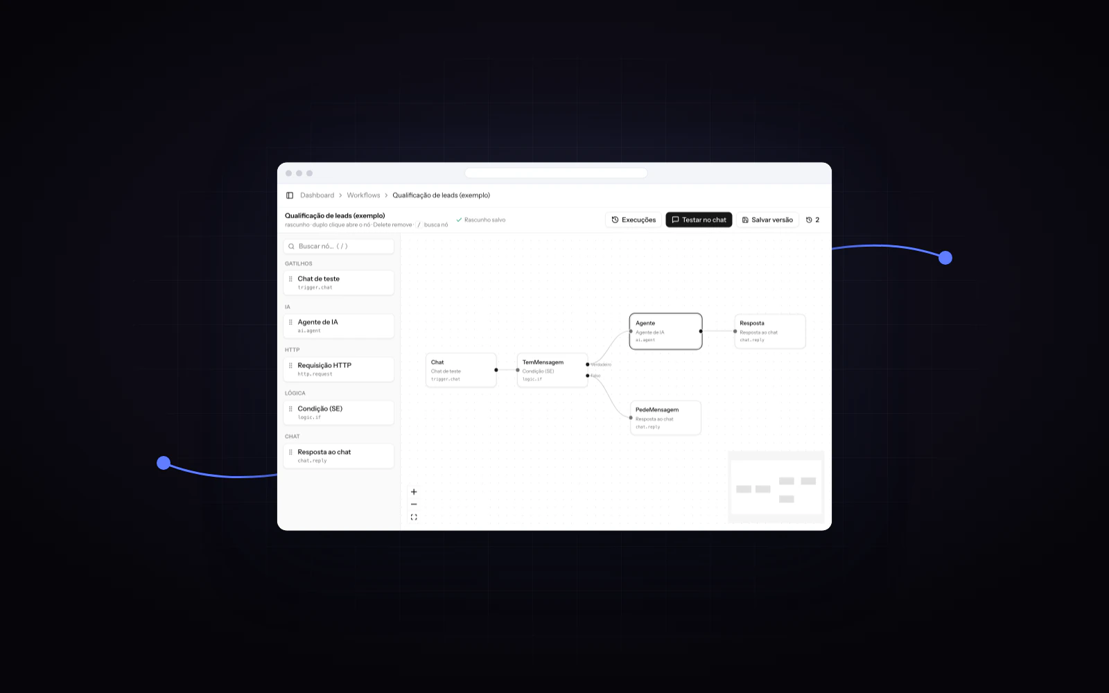 Editor visual do Nouz AI com um fluxo de exemplo ligando chat, condição, agente de IA e resposta.